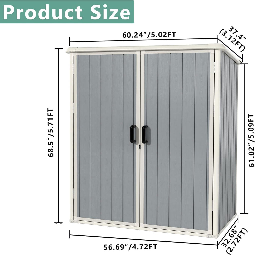 5 x 3Ft Resin Shed with Floor & Lockable Door, Grey | Outdoor storage cabinet fits garbage cans, garden tools and