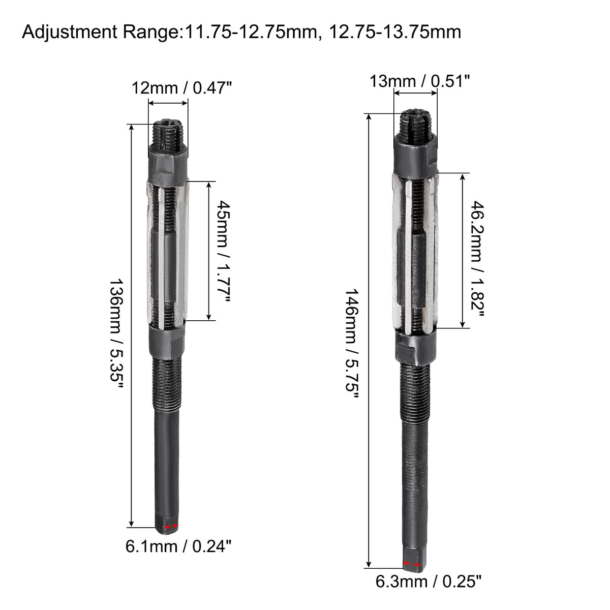 uxcell 2pcs 11.75-12.75mm, 12.75-13.75mm Adjustable Hand Reamer High Speed Steel H8 6 Straight Flute Milling Cutter Tool