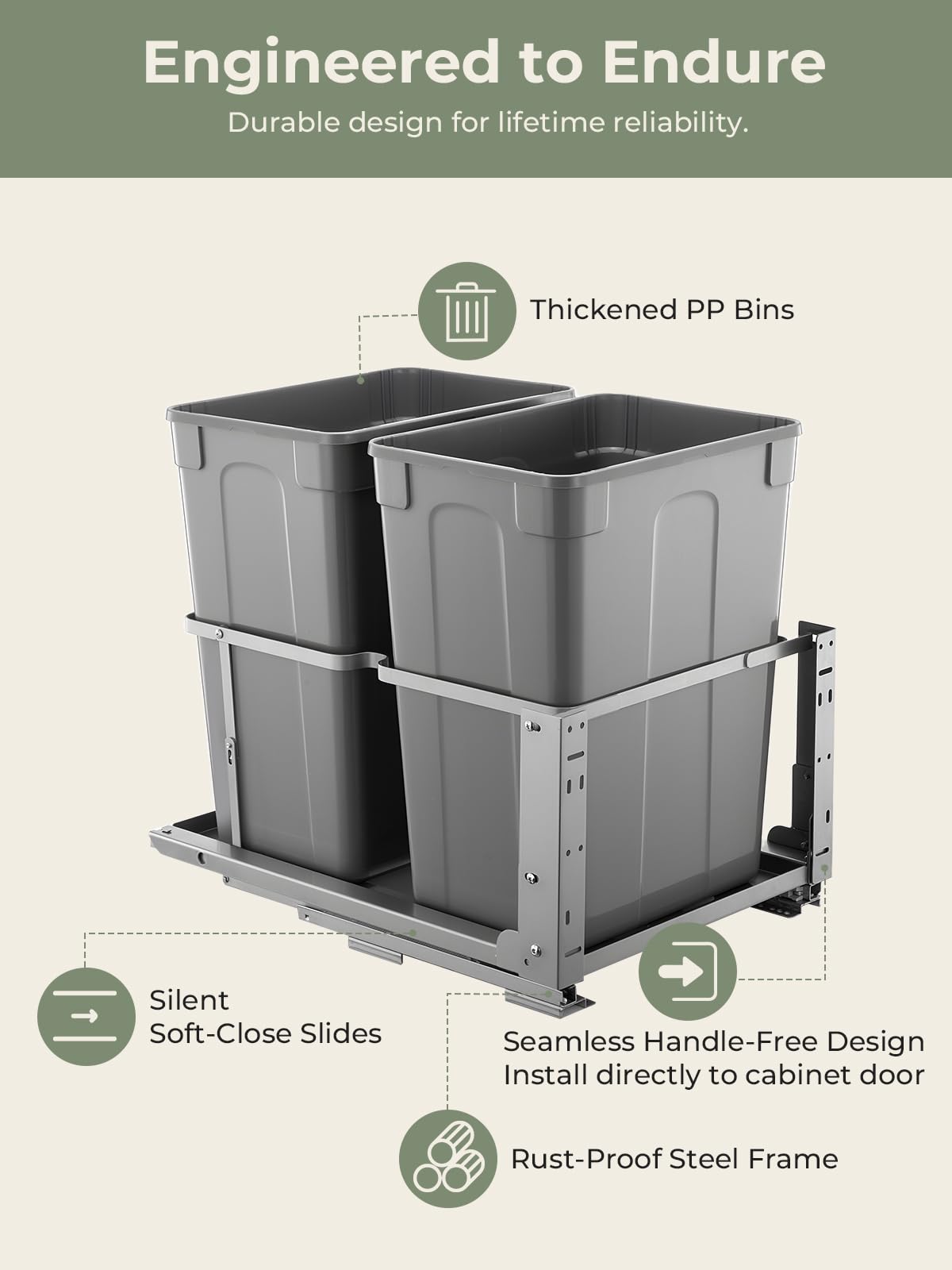 Pull Out Trash Can Under Cabinet, 35QT x2 Soft-Close Under Sink Garbage Bin with Full-Extension Slides, Heavy Duty