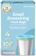 100 Count 15 Micron Extra Thick 4 Gallon Drawstring Small Trash Bags