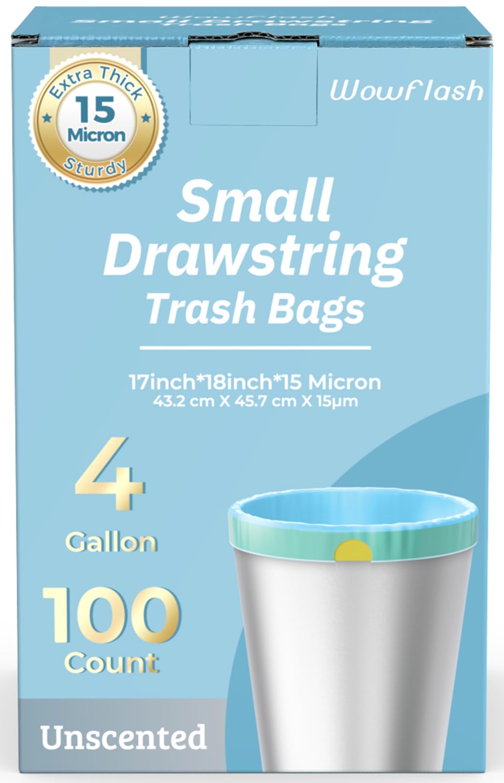 100 Count 15 Micron Extra Thick 4 Gallon Drawstring Small Trash Bags