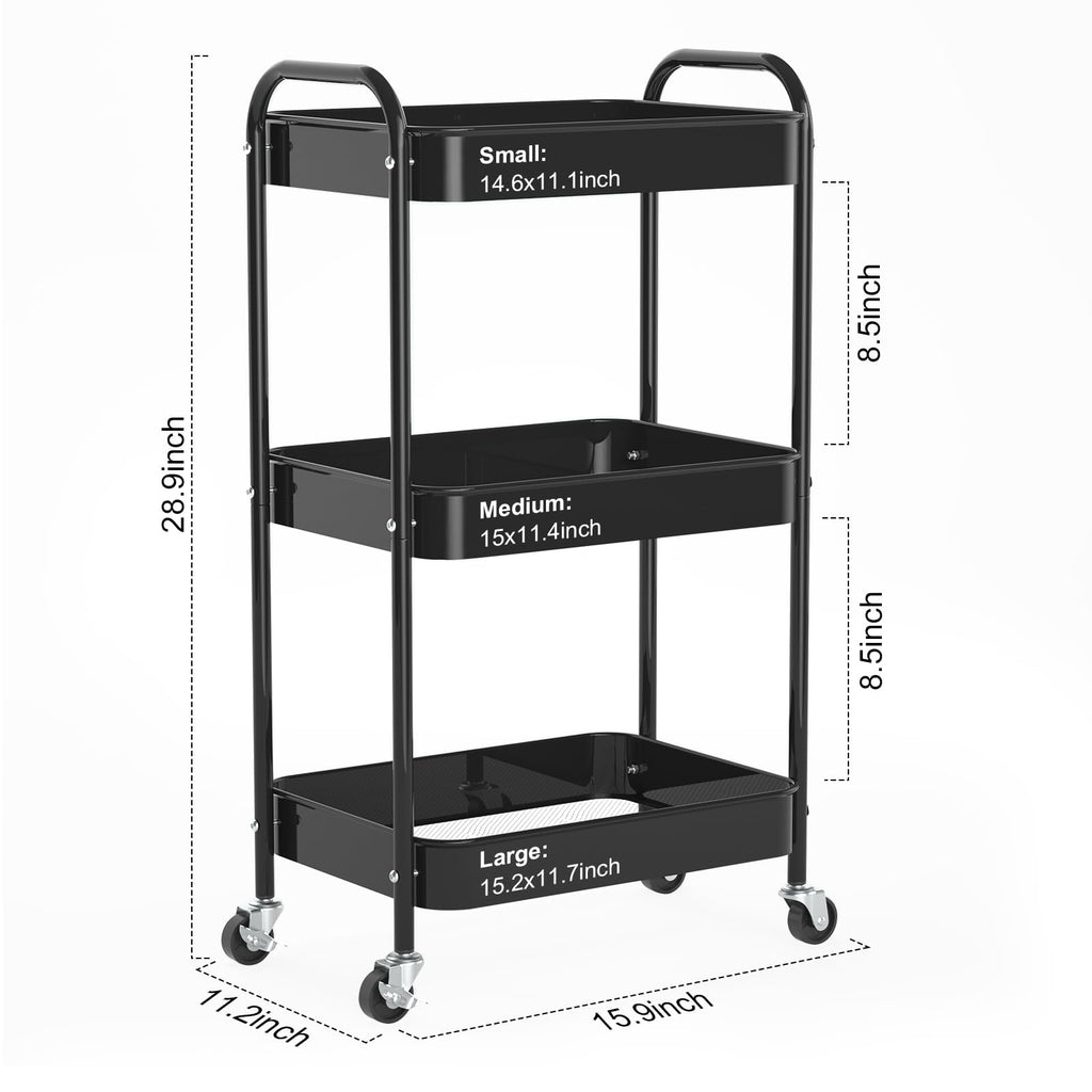 3-Tier Rolling Cart, Metal Utility Storage Carts with Wheels, Black