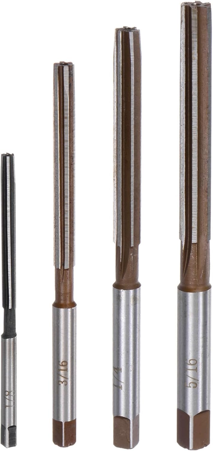 uxcell 4pcs Hand Reamers Set 1/8" 3/16" 1/4" 5/16" H8 Alloy Steel Reamer Bit Straight Flutes Steel Cutting Tool for Metal Wood Hole Reaming