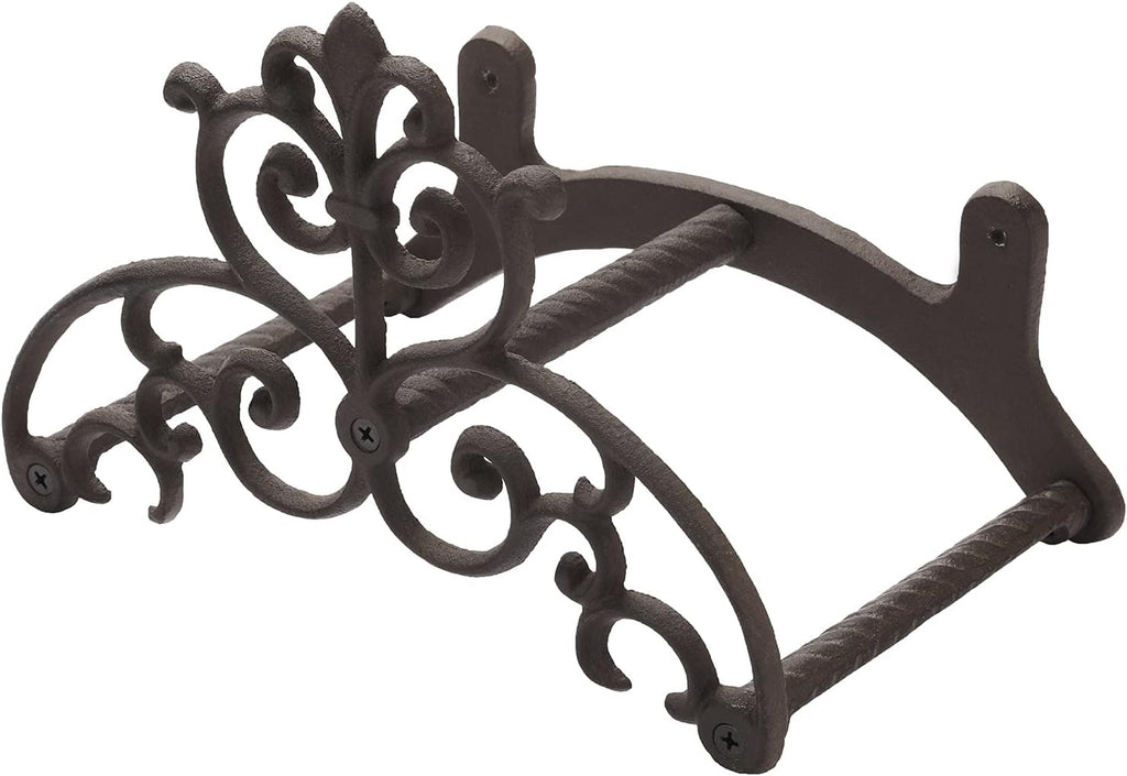 Brown Heavy Duty Cast Iron Outdoor Garden Water Hose Hanger | Wall Mounted Hose Reel with Vintage Scrollwork Design