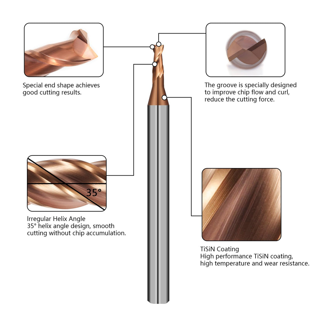 AYCHOLIZ 2 Flute 5/64" Carbide Square End Mill 5PCS Micrograin Milling Bits Sets TISIN Coating CNC Router Bit for Steel