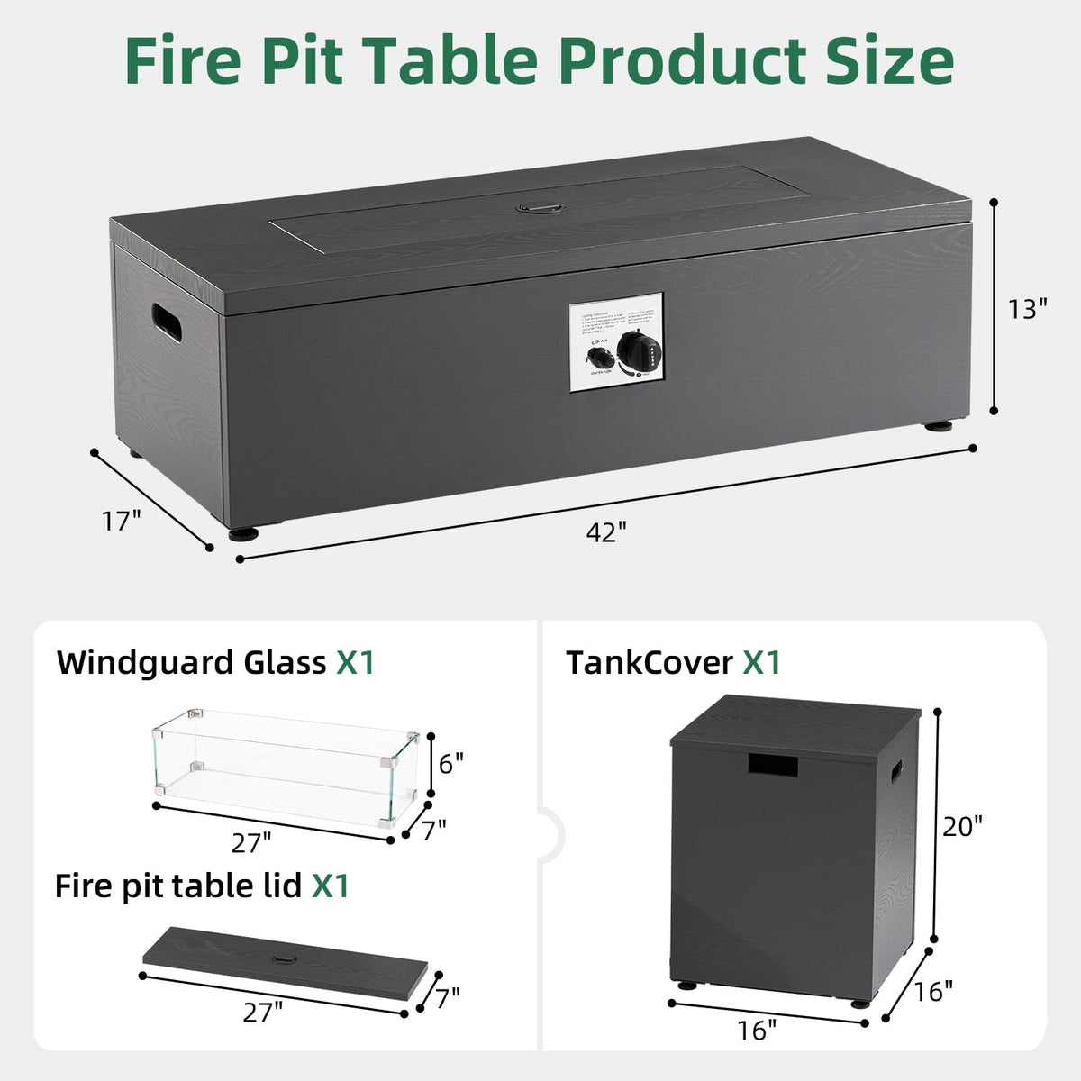 42" Rectangular Propane Fire Pit Table, Grey Wood Grain Iron Gas Fireplace