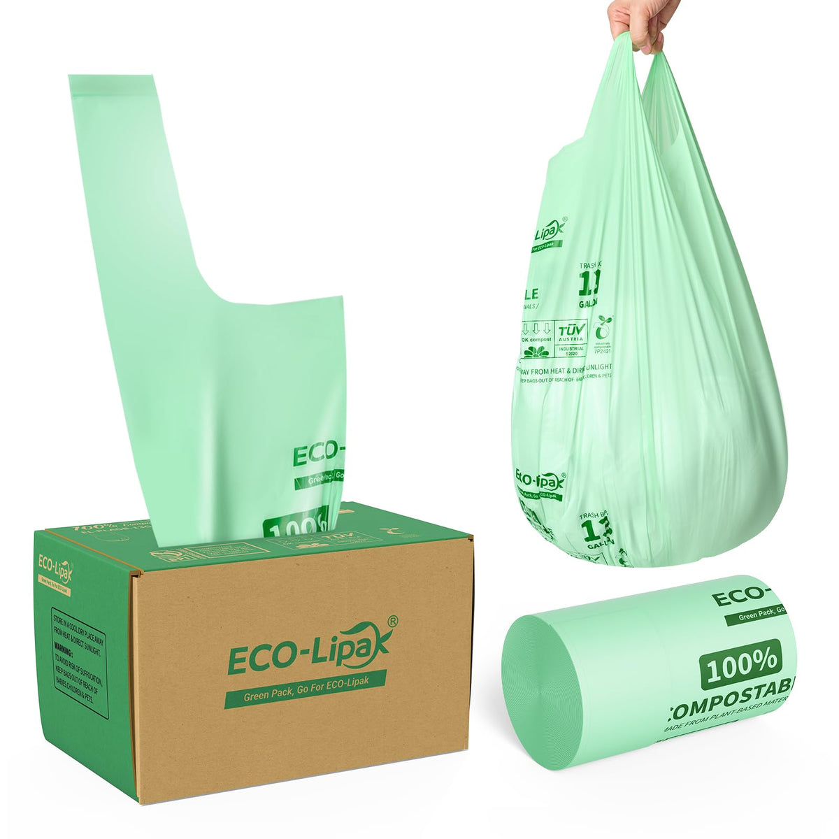 13 Gallon 50 Count Compostable Kitchen Trash Bags with Handles
