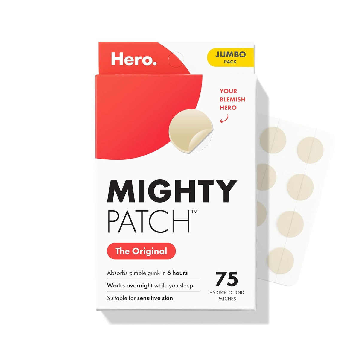 Hero Cosmetics Mighty Patch Original Nighttime Acne Pimple Patches, 75 Ct | #1 Hydrocolloid Acne Patches, Shrinks