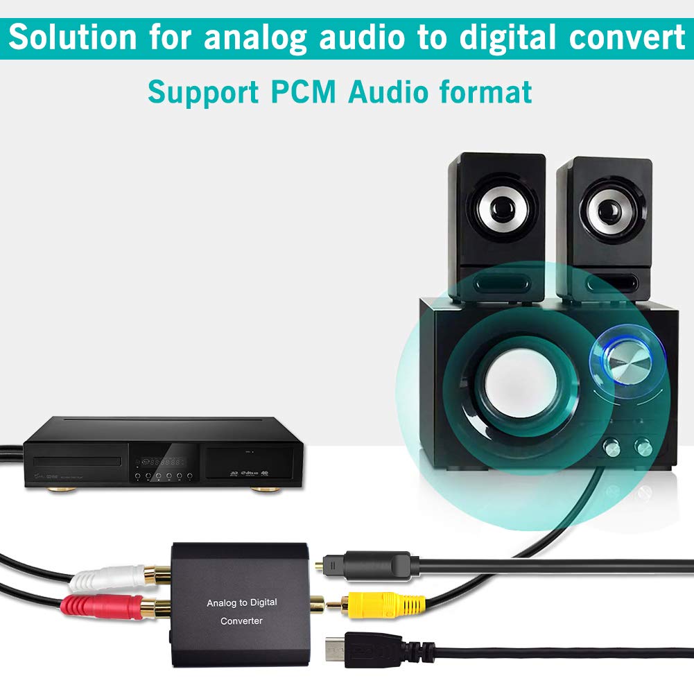 Analog to Digital Audio Converter,Hdiwousp Aluminum RCA to Optical with Optical Cable, Stereo L/R and 3.5mm Jack to