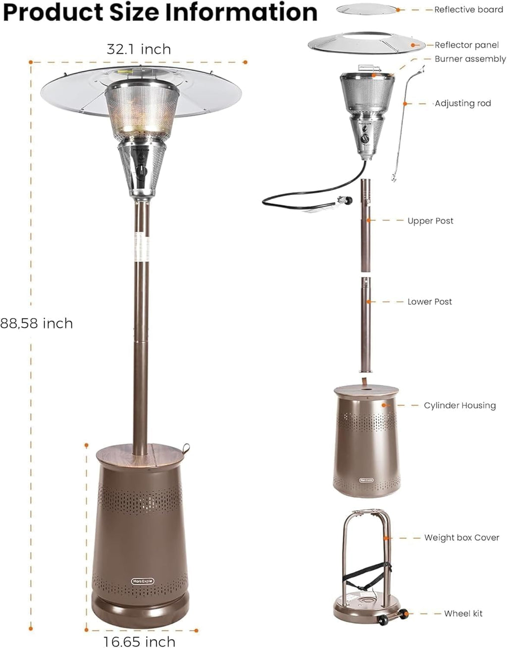 50,000 BTU Patio Heater for Outdoor Use With Adjustable Heat Focusing Top, Portable Propane Patio Heater with Wheels
