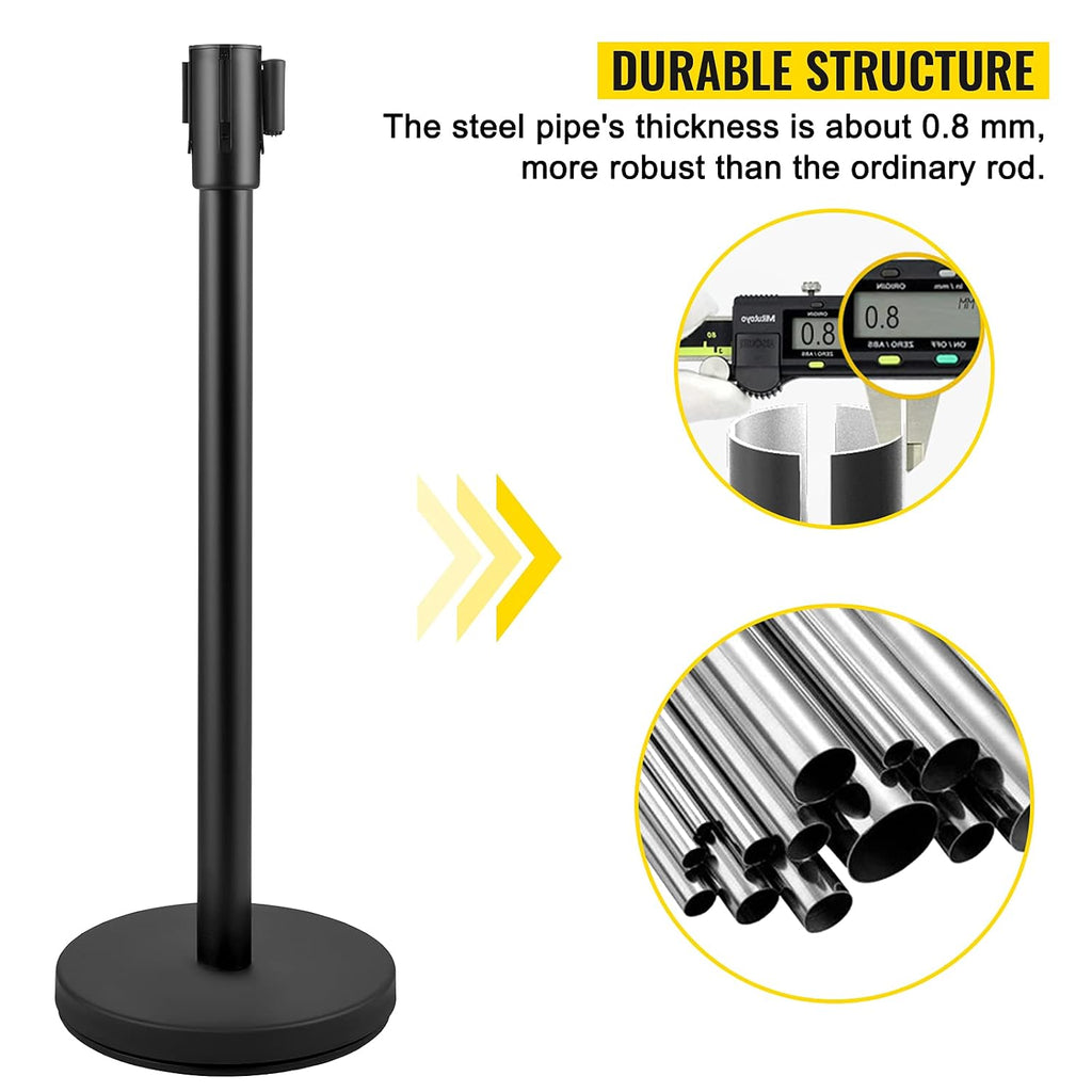 Crowd Control Stanchion, Set of 8 Pieces Stanchion Set, Stanchion Set with 6.6 ft/2 m Black Retractable Belt, Black