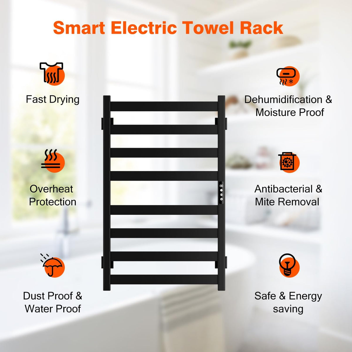 Towel Warmer, Towel Heater Rack for Bathroom, 8-bar Electric Towel Dryer Wall-Mounted Plug-in Bath Heater, 201