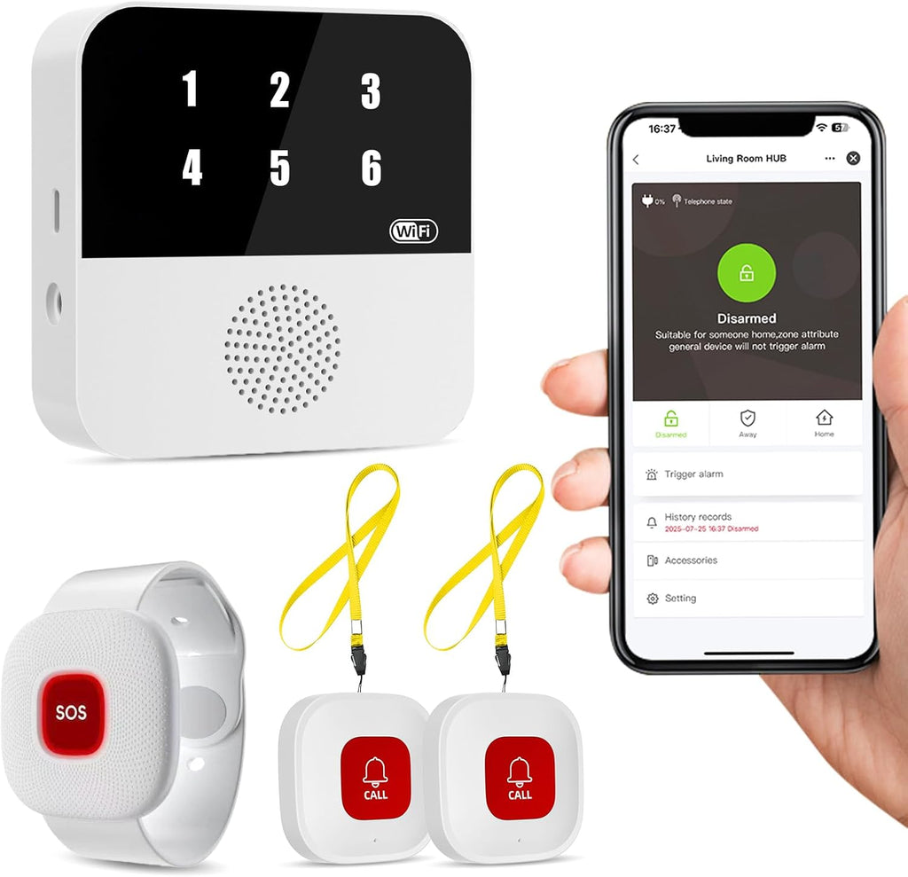 WiFi Smart Caregiver Pager, 1 Receiver, 2 Call Buttons & Wristband