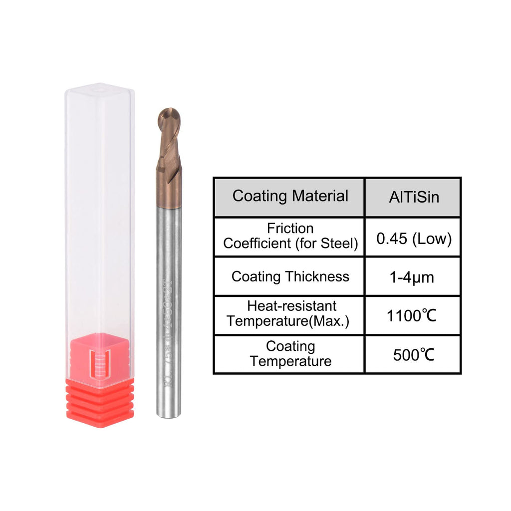 uxcell Ball Nose End Mill 1.75mm Tip Radius Solid Carbide AlTiSin Coated CNC Router Bits 2 Flute Spiral Milling Cutter HRC55 with 4mm Shank 50mm (2-inch) Length