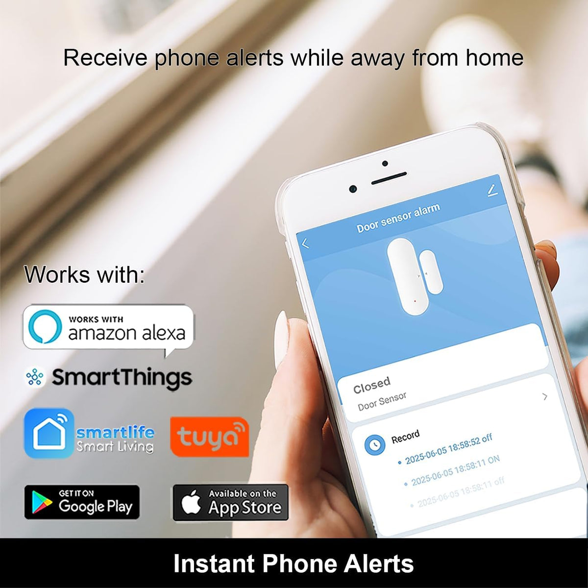 Smart WiFi Door and Window Sensor, Phone Notifications via Smart Life, Tuya, Alexa and SmartThings, Create
