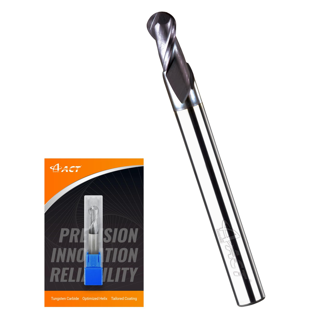 ACCUCUT I2KBL 3/8” Carbide Ballnose Long Shank End Mill- 2 Flute Milling Bit for Steel, Forge Steel, Hardened, Copper, Alloys & Materials < HRC 50 - AlTiCrN Coating CNC Router Bit, 30 Degree Helix