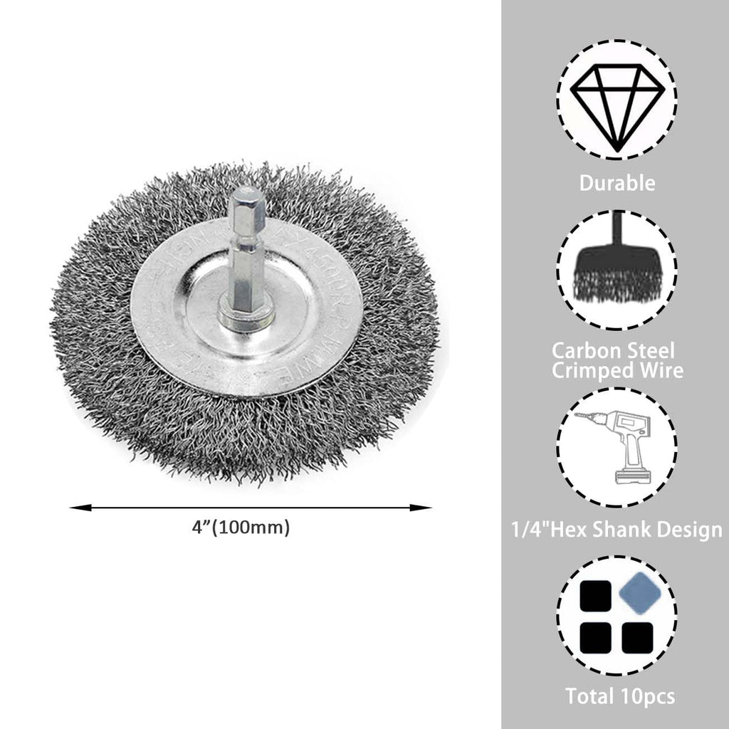 BeQell Wire Brush for Drill, 10pcs 4 Inch Wire Wheel Brush Cup Set, 0.012 Inch Coarse Carbon Steel Crimped with 1/4-Inch Hex Shank for Rust Removal, Clean Paint ,Corrosion