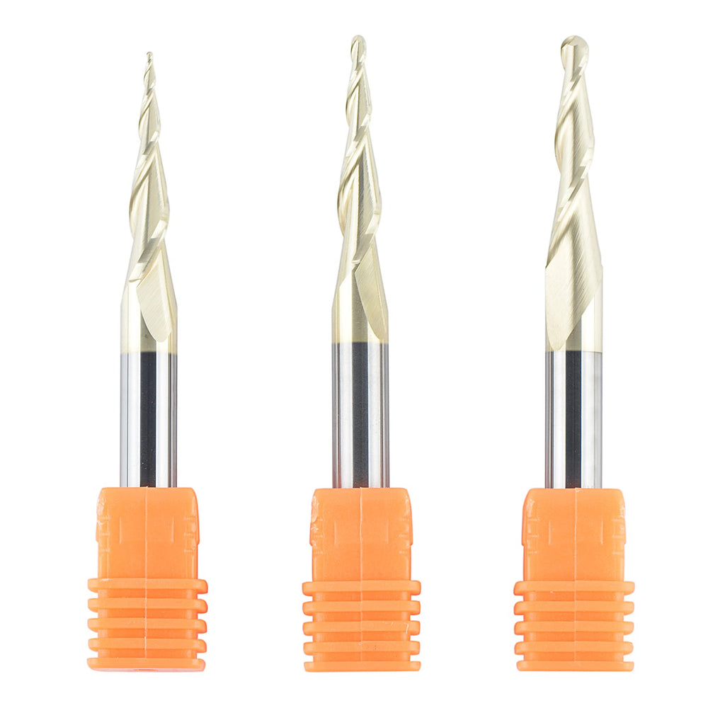 SpeTool 3Pcs Carbide Ball Nose Router Bit CNC End Mill 1/16 1/32 1/64 Cutting Radius for Wood 3D Carving Engraving MDF Oak