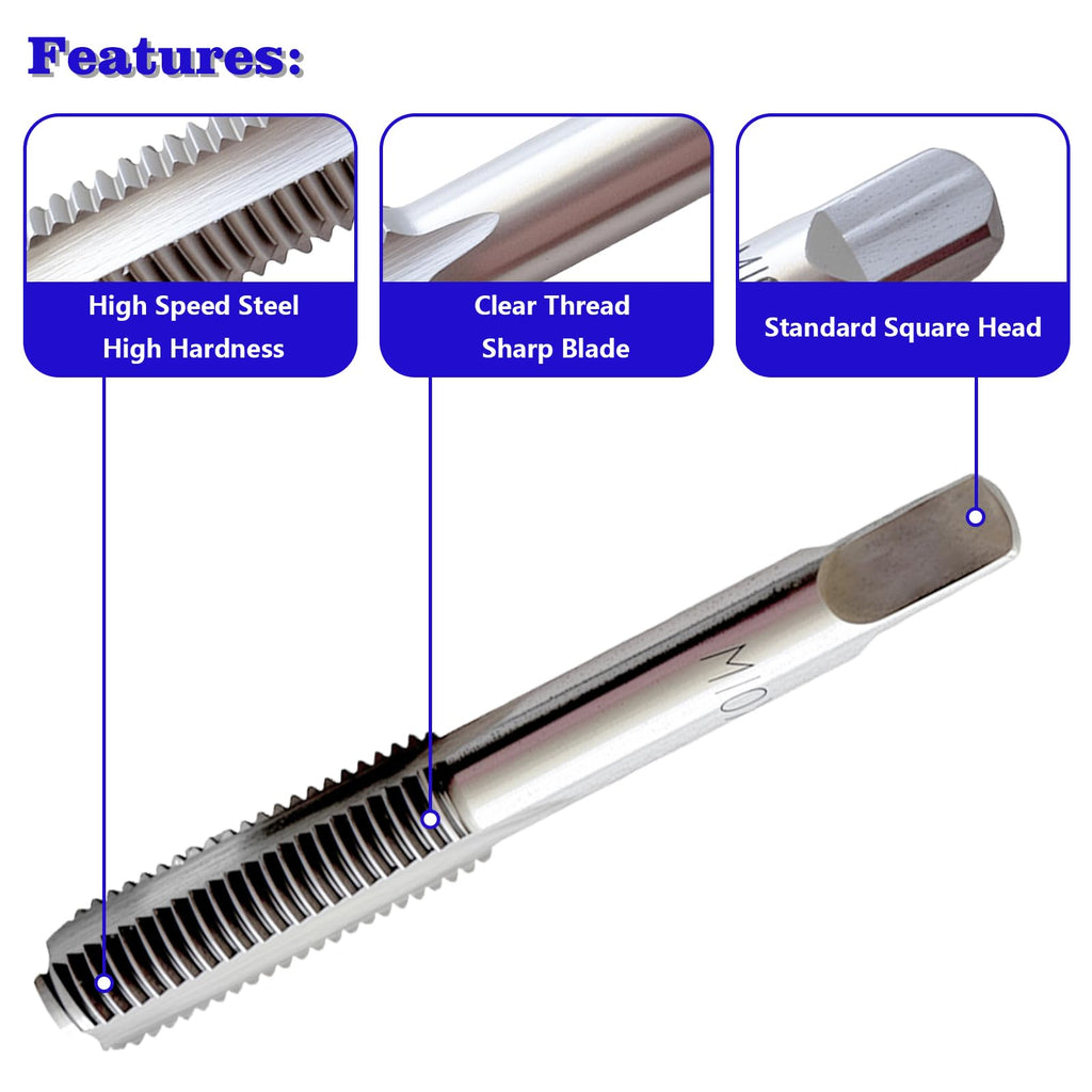 2Pack M10 x 1.25 Metric Thread Tap, M10 x 1.25mm High-Speed Steel Hand Tap,Right Hand Thread Tap 1Pair