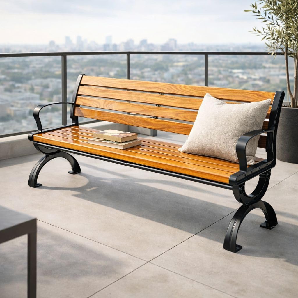 Heavy-Duty Outdoor Bench, Waterproof Park Bench Backyard Patio Garden Seating with Backrest Armrest, Wooden Slat with