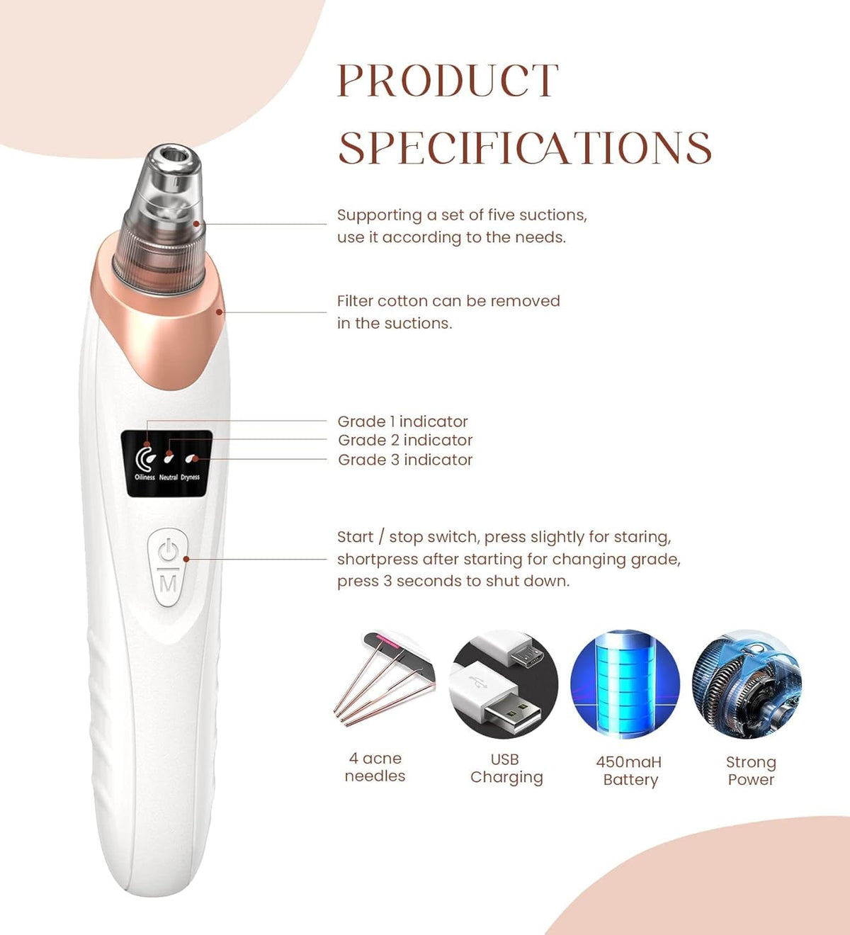 Pore Vacuum Blackhead Remover,Facial Pore Cleaner, 5 Suction Power,5 Probes,USB Rechargeable Blackhead Vacuum Kit