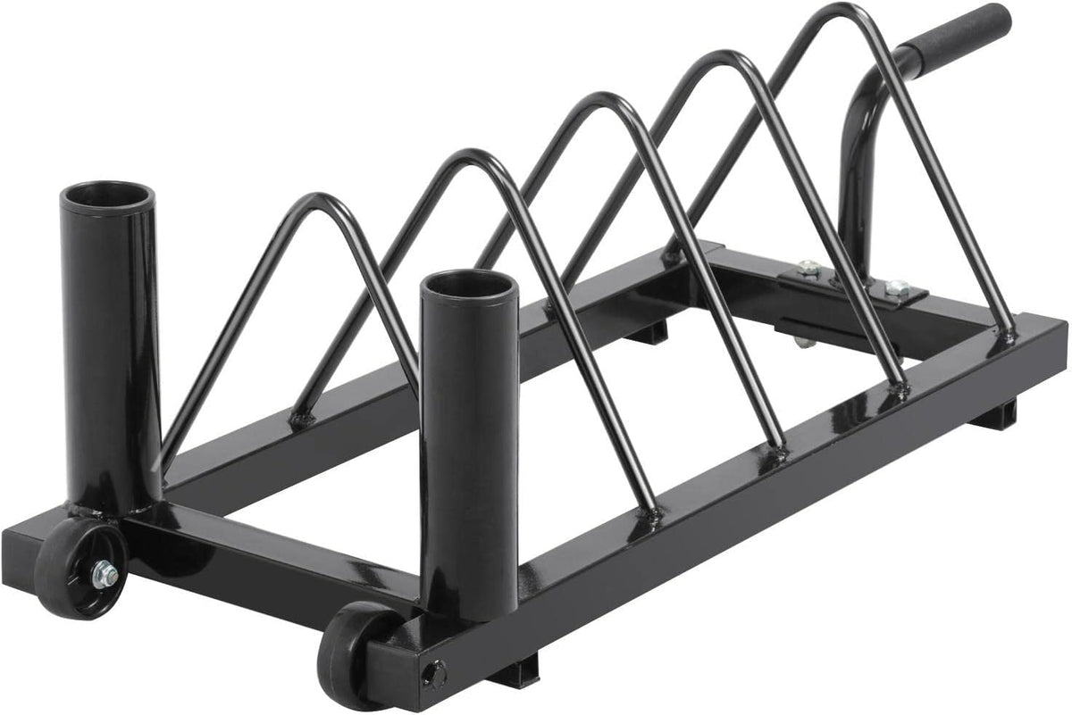 Horizontal Bumper Weight Plate Rack, 2 Barbell Holders and Wheels | Heavy-duty iron frame stores up to 300 lbs of