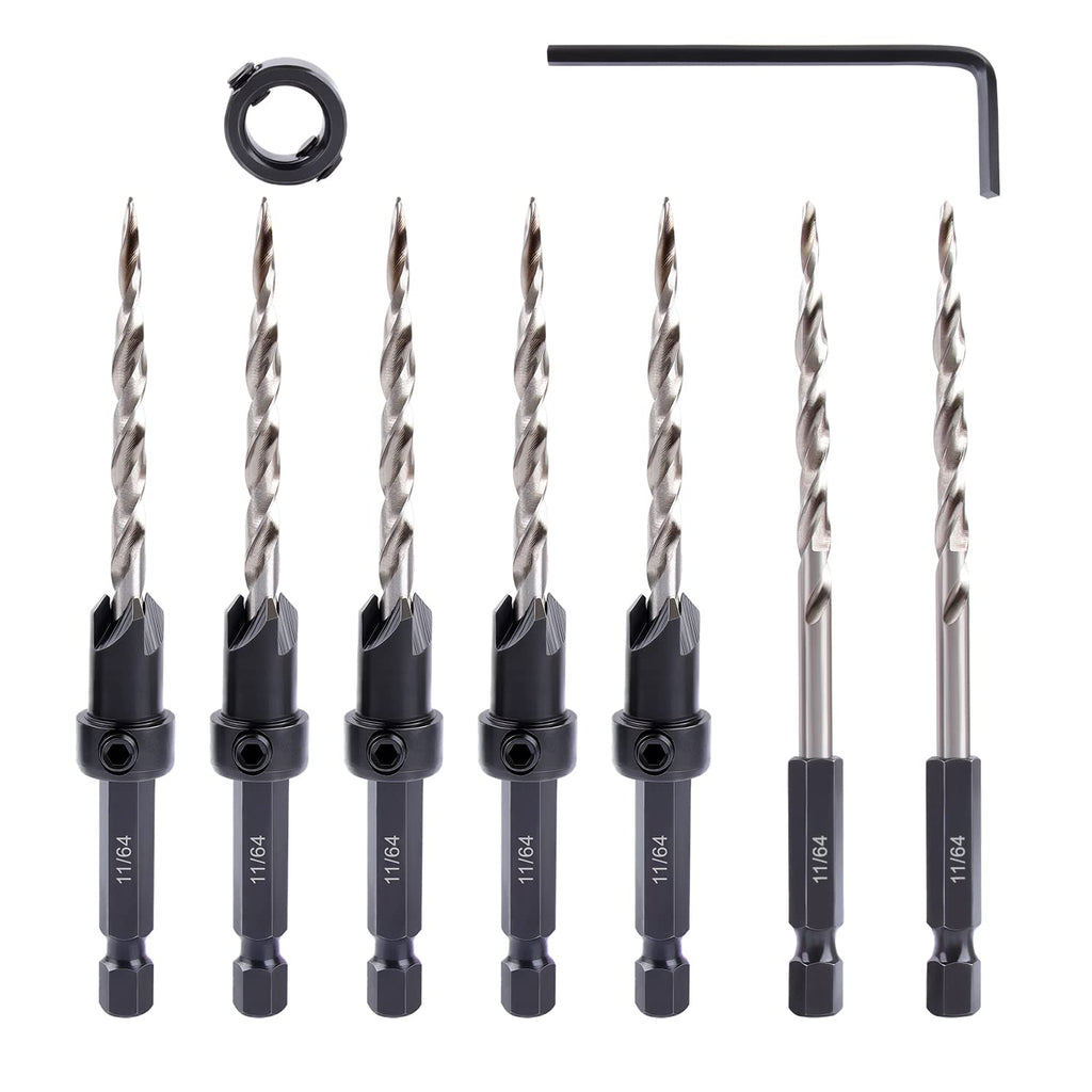 Newdeli 9pcs Wood Countersink Drill Bit Set 1/4" Quick Change Shank - 5Pc Adjustable Countersink Bit #8(11/64") - 2 Extra 11/64 Tapered Drill Bits - 1 Adjust Collar - 1 Wrench, Pilot Screw Hole Set