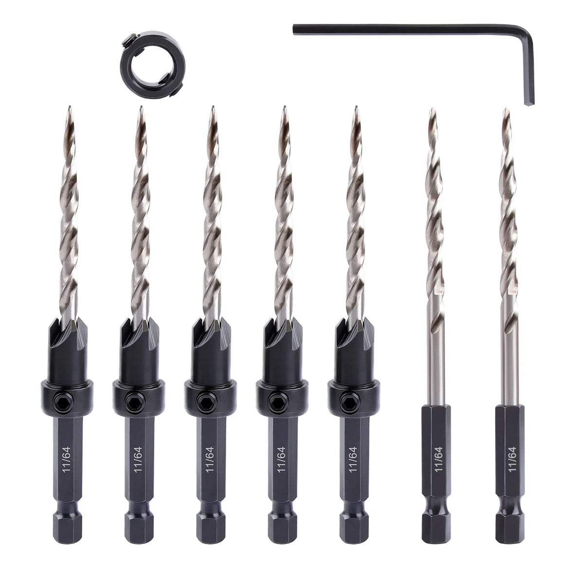 Newdeli 9pcs Wood Countersink Drill Bit Set 1/4" Quick Change Shank - 5Pc Adjustable Countersink Bit #8(11/64") - 2 Extra 11/64 Tapered Drill Bits - 1 Adjust Collar - 1 Wrench, Pilot Screw Hole Set
