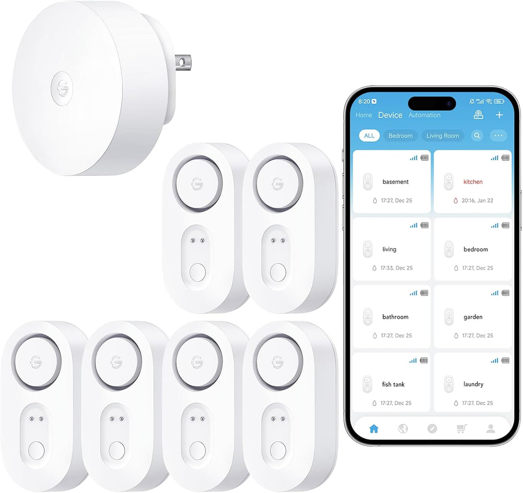 Upgraded Smart Water Leak Detector 1s with High Alarm, 6 Pack | 1804ft Ultra-Long Range, WiFi Water Sensor with