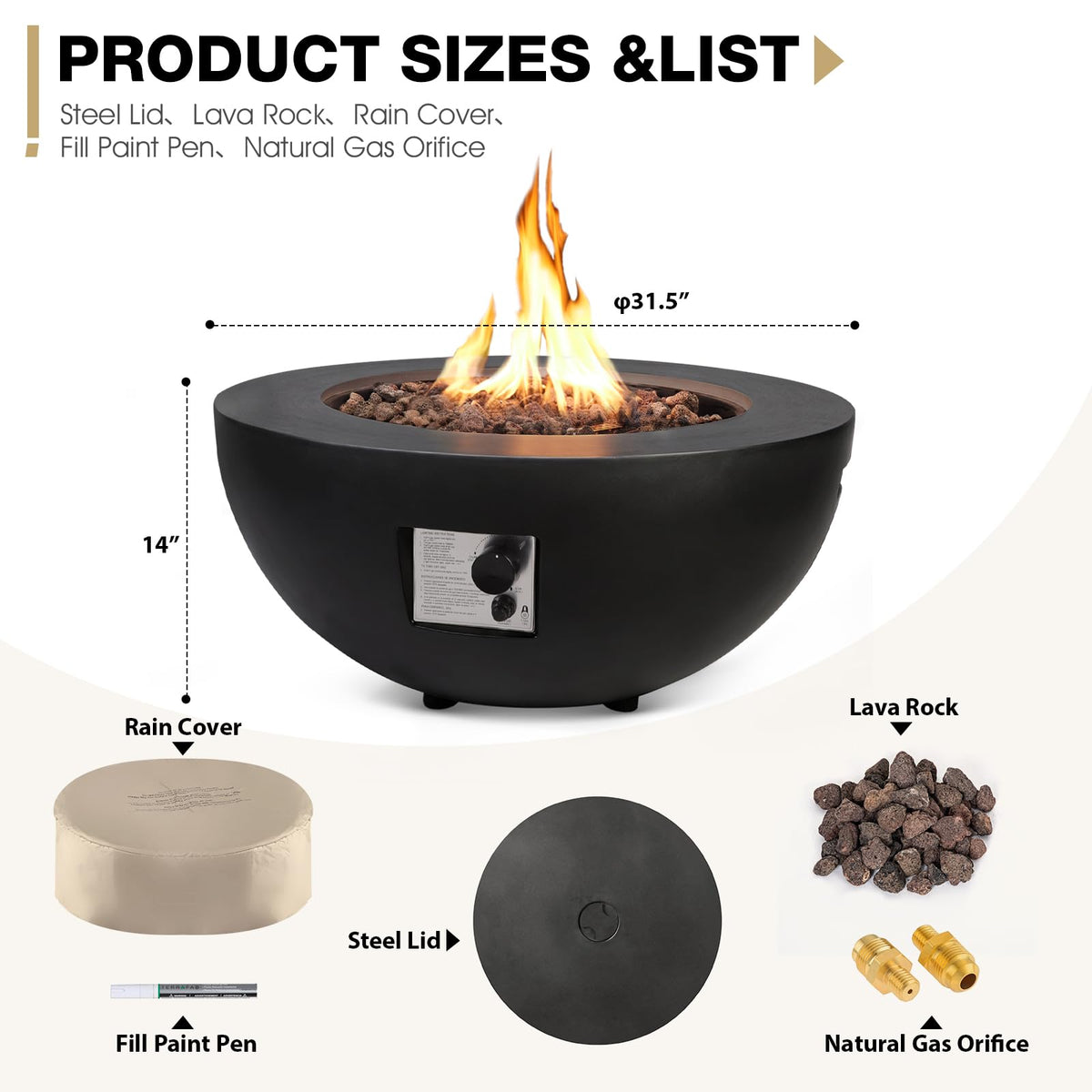 31.5'' Round Propane Fire Pit Table for Outside Patio