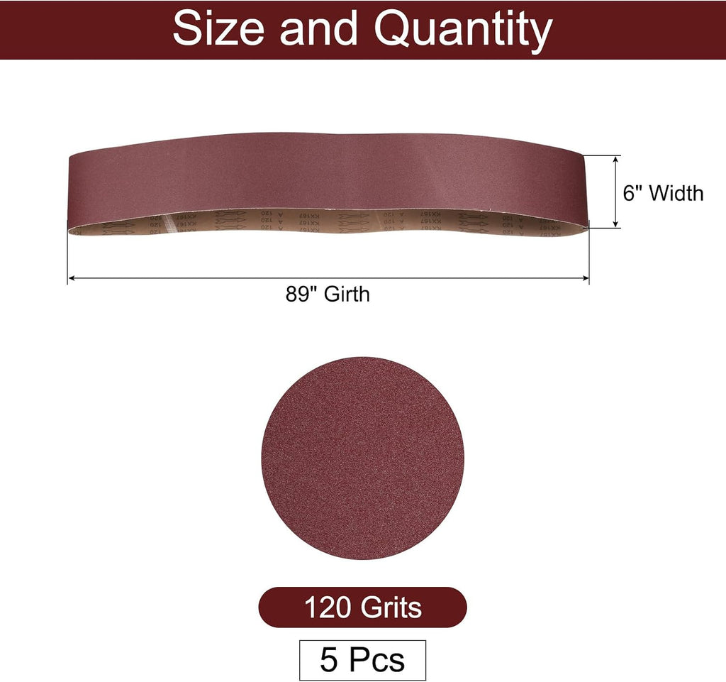 uxcell 5pcs 6" x 89" Sanding Belts 120 Grits Aluminum Oxide Abrasive Belt Sander Paper Sanding Papers for Metal Wood Grinding Polishing, Reddish Brown