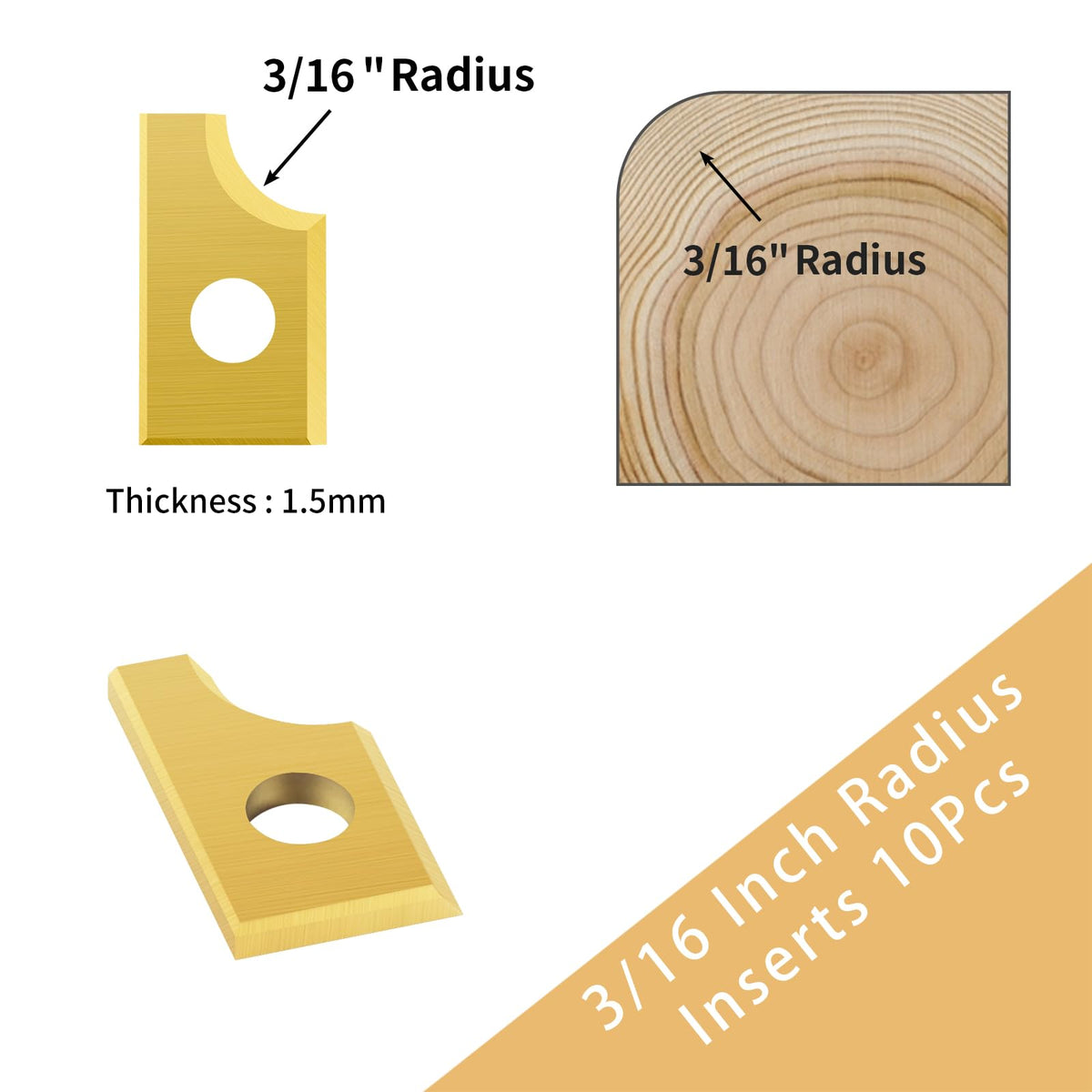 BINSTAK - 3/16" Radius Round Over Carbide Inserts Roundover Router Bit Blades with TiN Coating, Pack of 10
