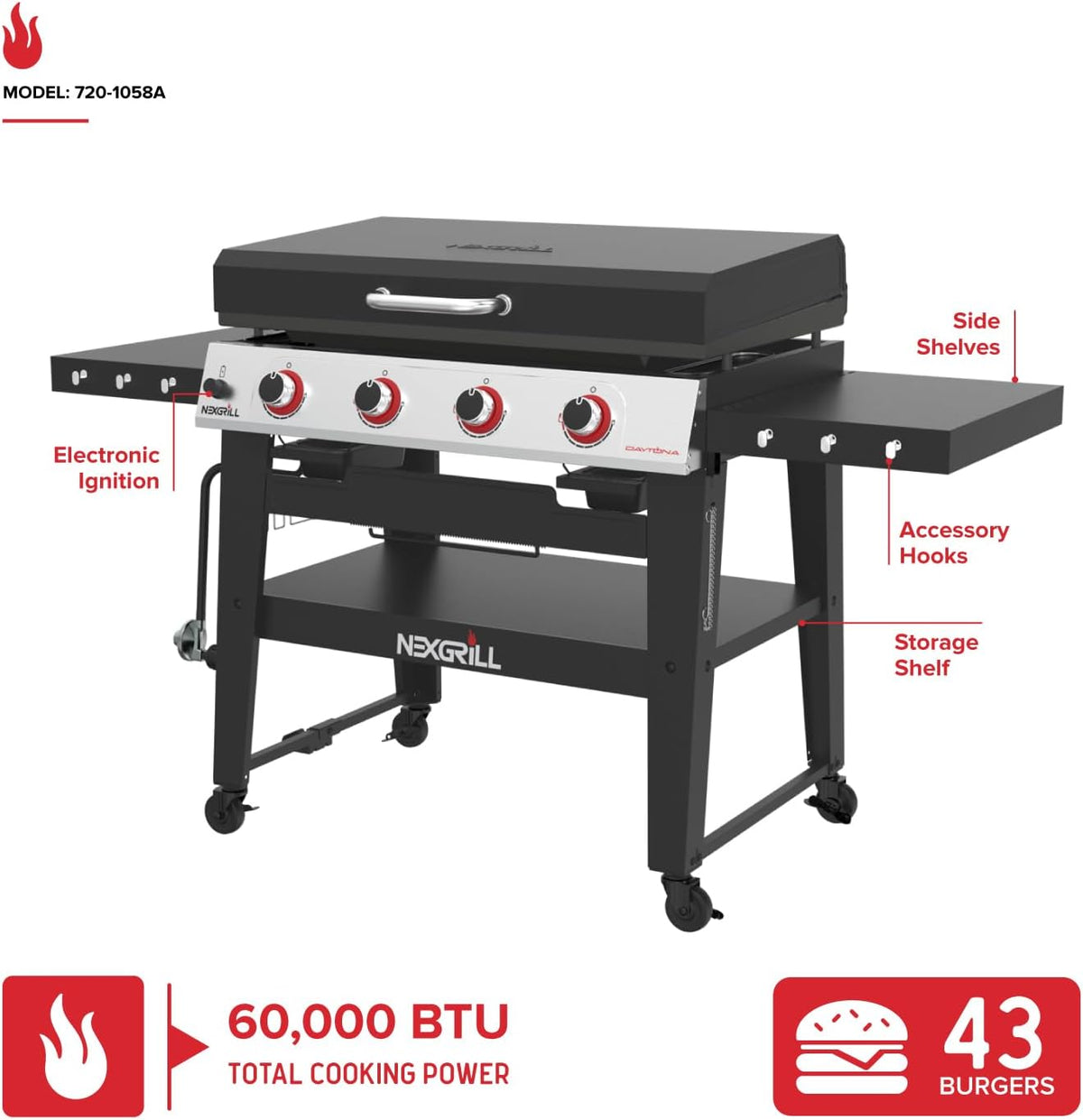 Daytona 4-Burner Gas Griddle, Flat Top Grill with Side Tables