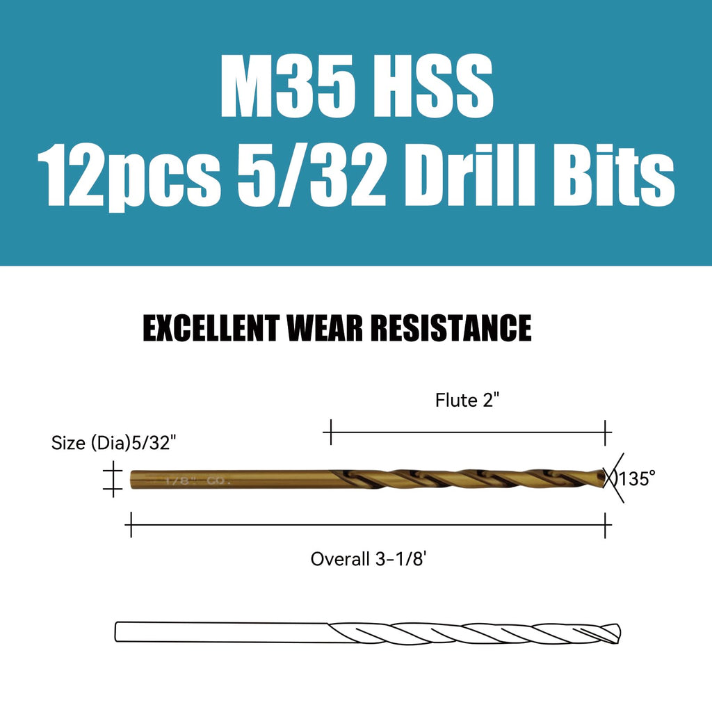 12pcs 5/32" Cobalt Jobber Drill Bit Set M35 HSS for Stainless Steel