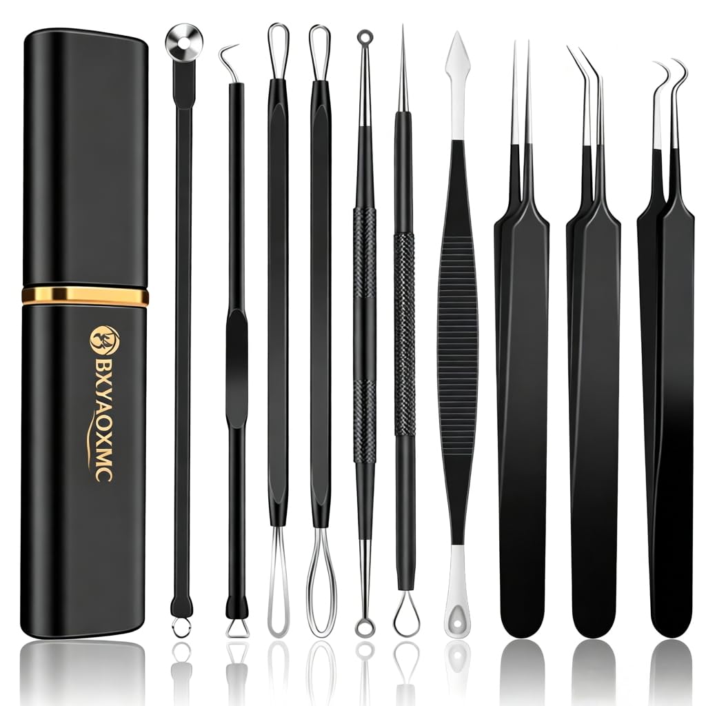 10Pcs Stainless Steel Pimple Popper Tool Kit, Blackhead Remover Tools Comedone Extractor Set, Acne Needle Tweezers