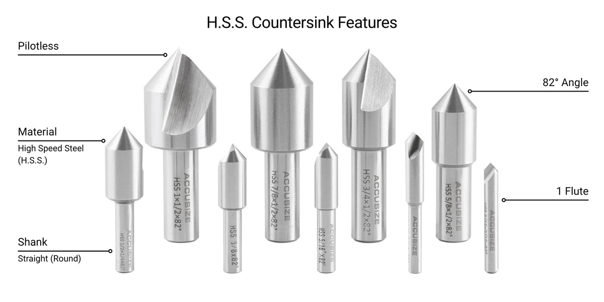 Accusize Industrial Tools 9 Pc Single Flute H.S.S. Countersink Set, 82 Degrees, Ground, 0245-1029