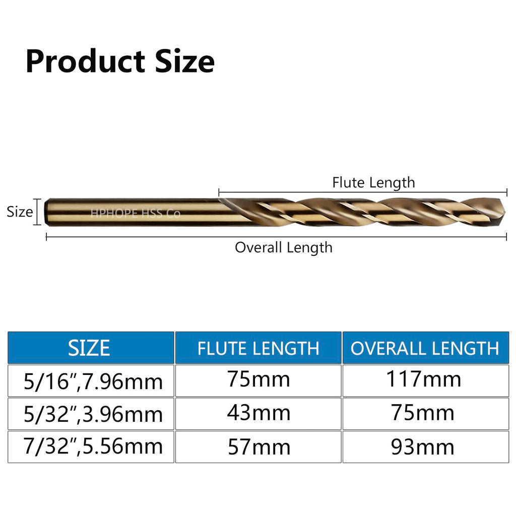 5/32 Inch Cobalt Drill Bits 10Pcs - HPHOPE M35 HSS Metal Twist Drill Bits Set, Jobber Drill Bits Length and Straight Shank, Suitable for Drilling in Hard Metal, Stainless Steel, Cast Iron