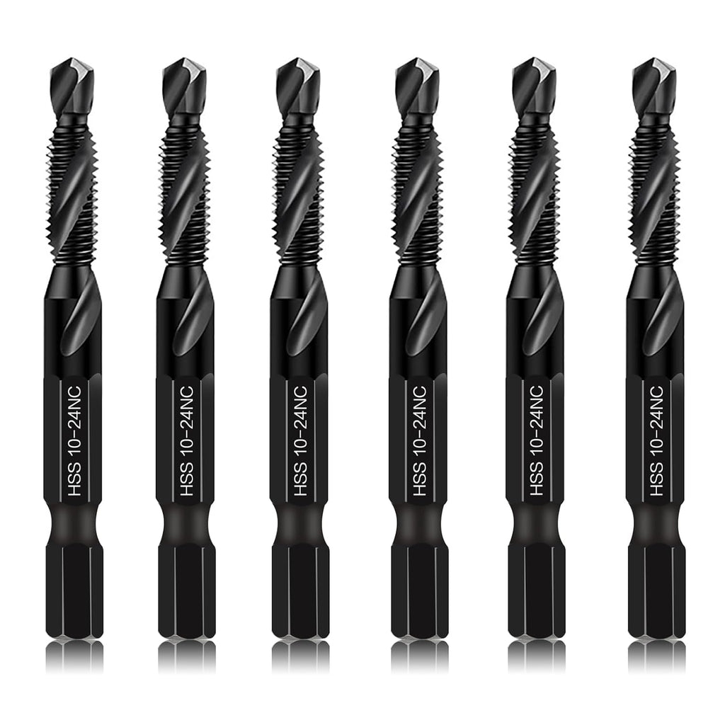 6-Piece 10-24NC Combination Drill Tap Countersink Bit Set SAE, Made of High-Speed Steel with Anti-Rust Blackened Coating, Ideal for Soft Metal, Wood & Plastic, 10-24NC Thread Size, 1/4" Hex Shank