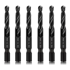 6-Piece 10-24NC Combination Drill Tap Countersink Bit Set SAE, Made of High-Speed Steel with Anti-Rust Blackened Coating, Ideal for Soft Metal, Wood & Plastic, 10-24NC Thread Size, 1/4" Hex Shank