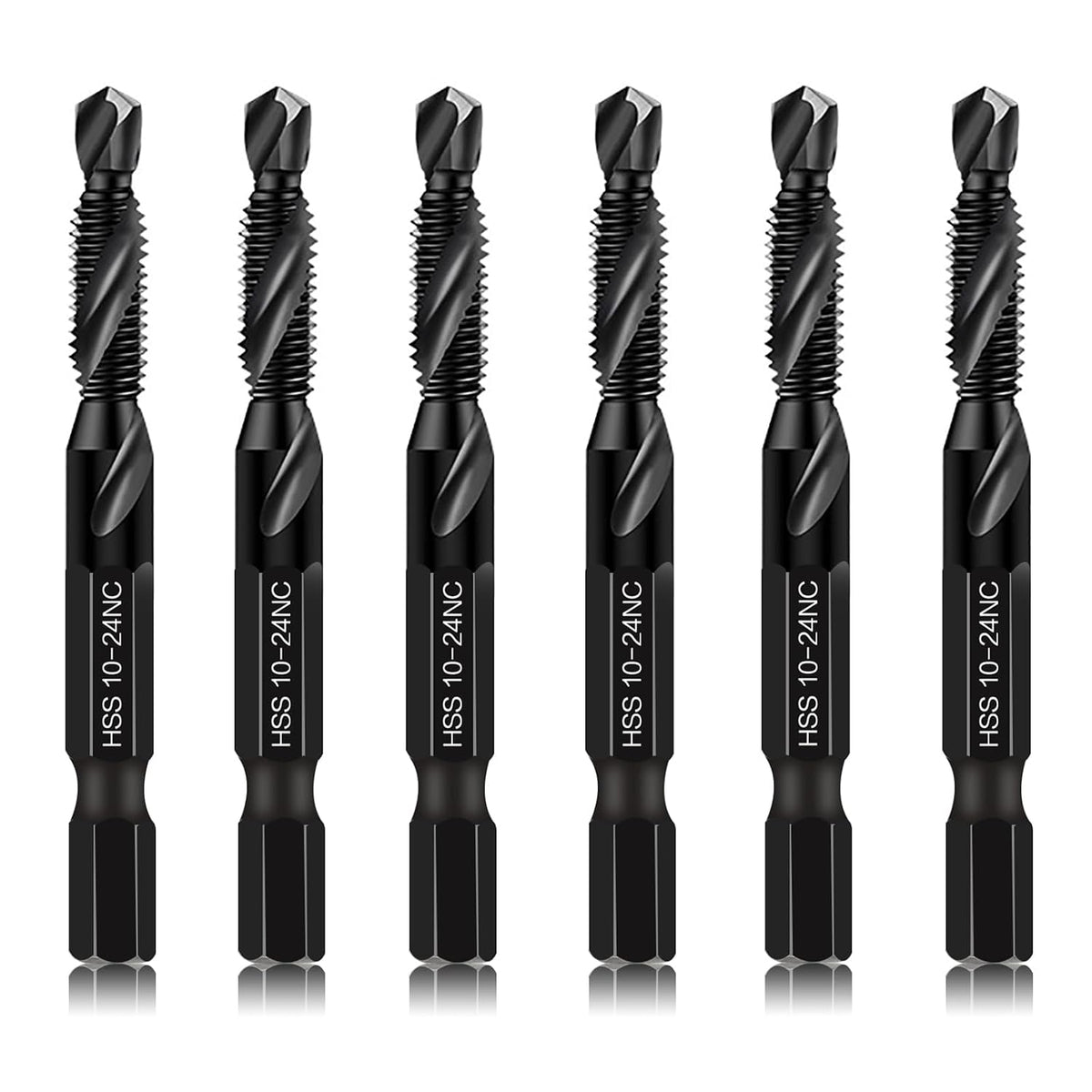 6-Piece 10-24NC Combination Drill Tap Countersink Bit Set SAE, Made of High-Speed Steel with Anti-Rust Blackened Coating, Ideal for Soft Metal, Wood & Plastic, 10-24NC Thread Size, 1/4" Hex Shank