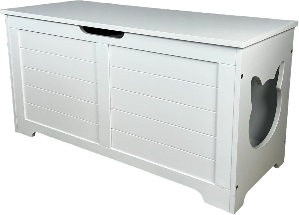 Top Open Cat Litter Box Enclosure Hidden Furniture Bench, Large Cat Washroom Cabinet and Indoor Storage Chest, Cream