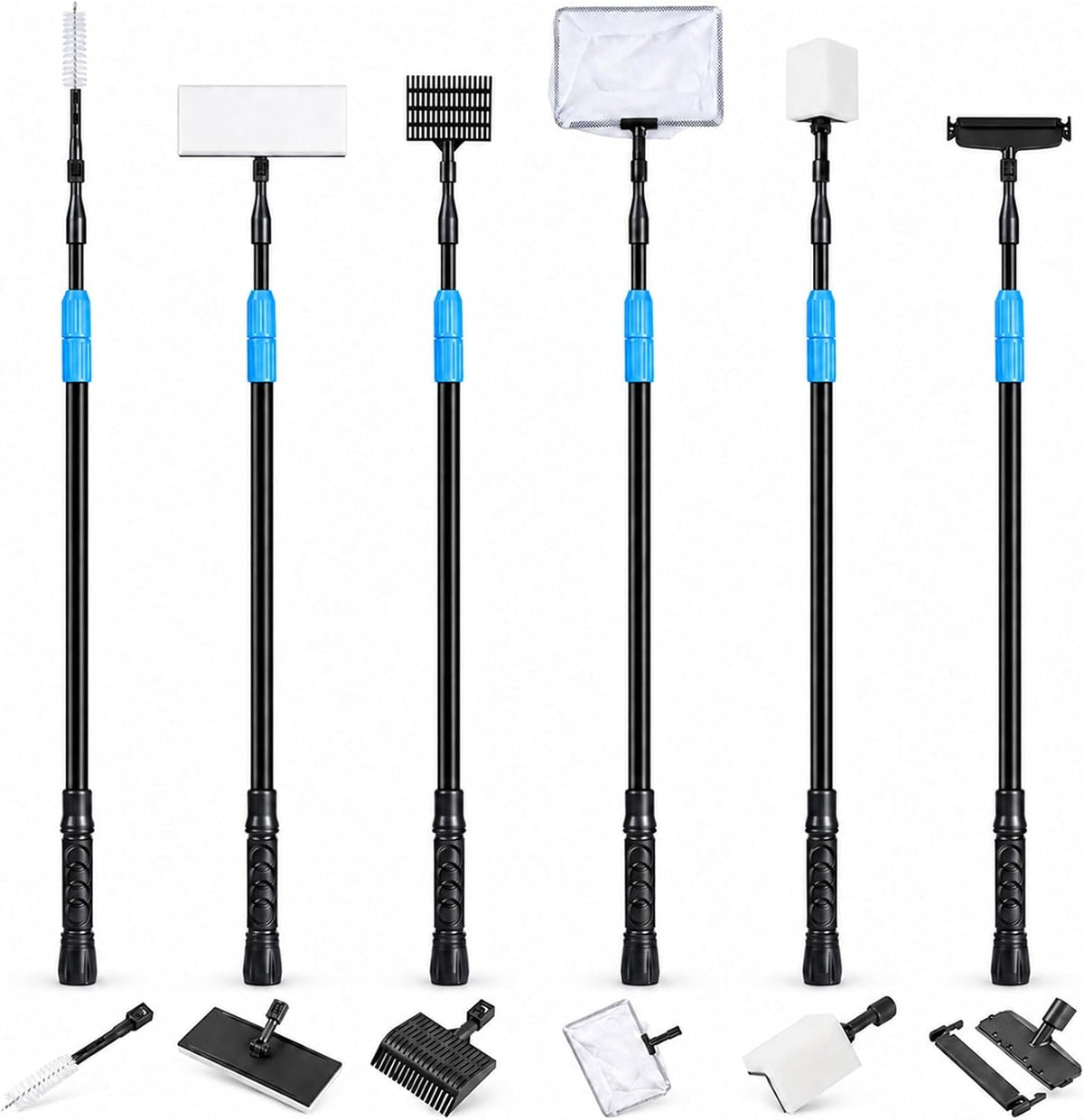 6 in 1 Aquarium Cleaning Tool Kit Fish Tank Cleaning Kit for 20-160 Gallon Tank with Telescopic Long Handle, Algae