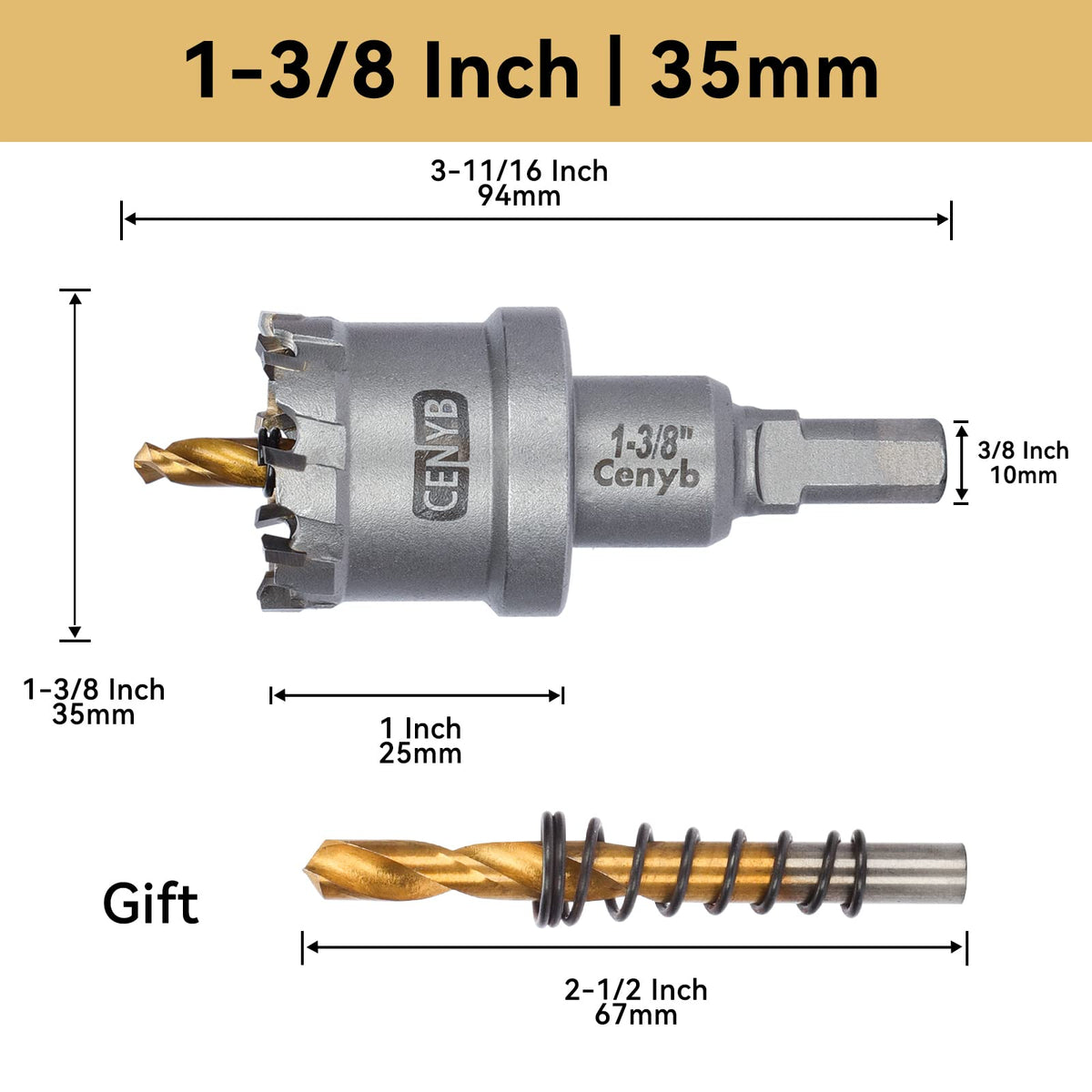 CENYB 1-3/8" (35mm) Tungsten Carbide Tipped Hole Saw with 2Pcs Titanium-Plated Pilot Drill Bits for Hard Metal,Stainless Steel,Iron,Aluminum Alloy,Wood and Plastic