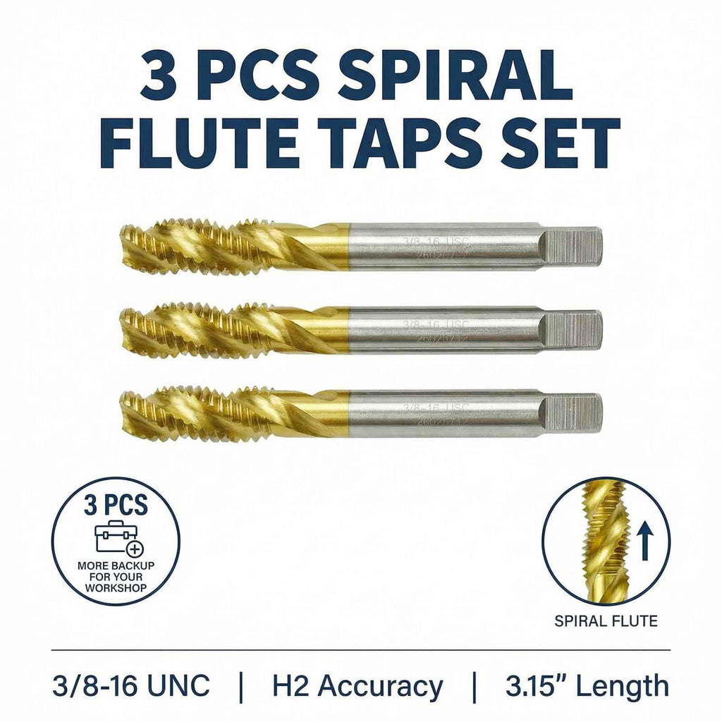 HXymxkeqi 3Pcs 3/8-16 UNC Spiral Flute Thread Taps, Titanium Coated 6542 HSS Machine Tapping Tool for Blind Hole, H2 Accuracy, 3.15" (3/8-16 UNC)