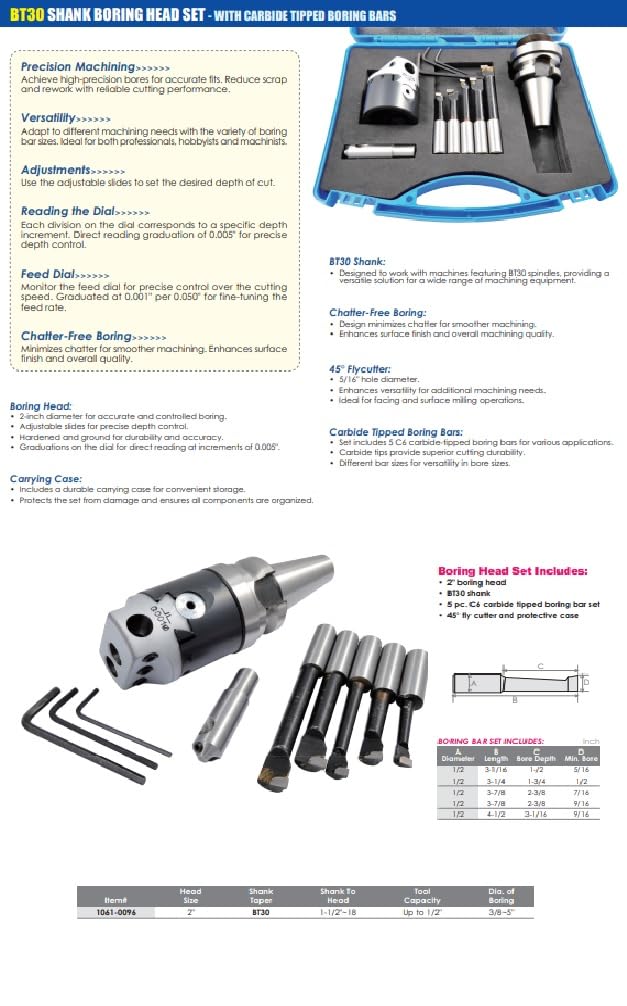 HHIP 1061-0096 2" Boring Head Kit with BT30 Shank, Boring Bars and Fly Cutter