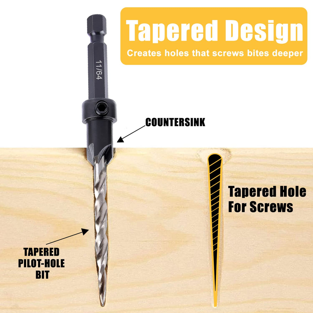 Newdeli 9pcs Wood Countersink Drill Bit Set 1/4" Quick Change Shank - 5Pc Adjustable Countersink Bit #8(11/64") - 2 Extra 11/64 Tapered Drill Bits - 1 Adjust Collar - 1 Wrench, Pilot Screw Hole Set