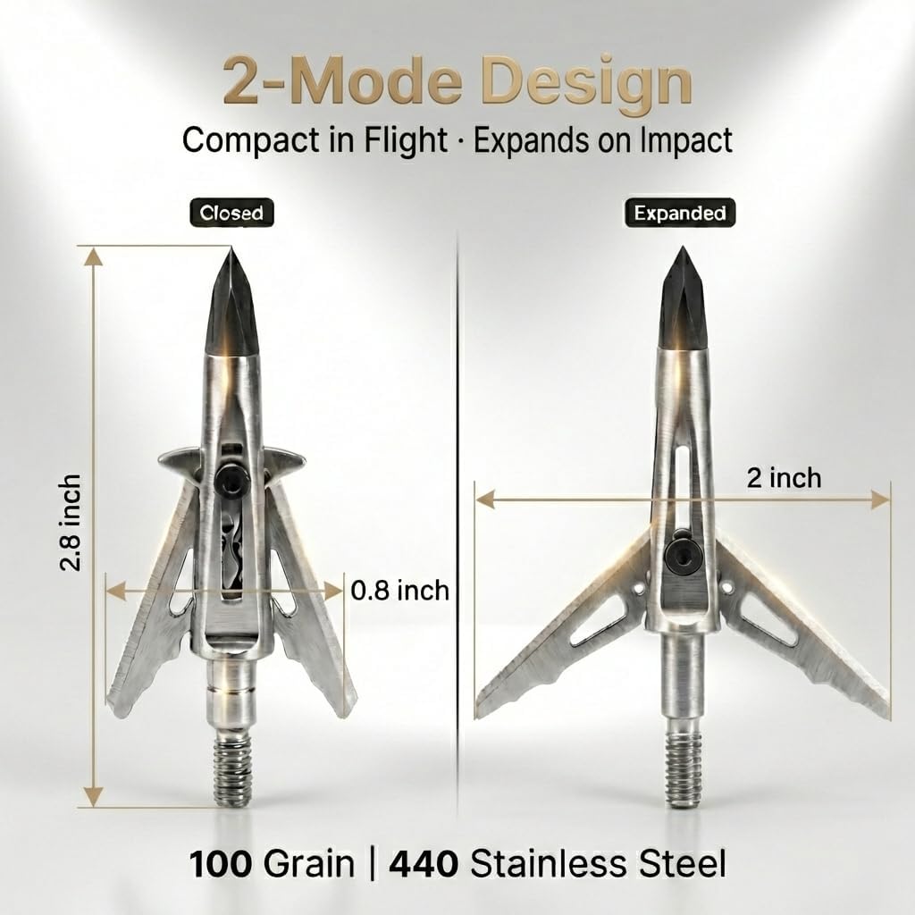 Mechanical Expandable Broadheads, 100 Grain, 440 Steel Blades | 2 Inch Cut, Chisel Tip, 8-32 Thread for Crossbow &