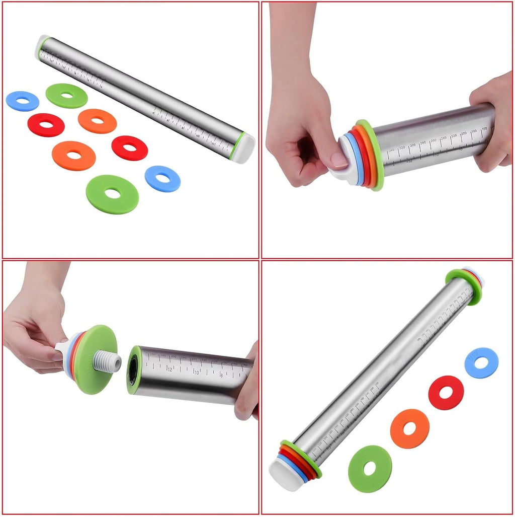 Stainless Steel Rolling Pin and Silicone Mat Set, Adjustable Thickness Rings
