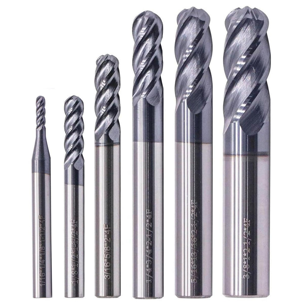 6Pcs 1/16"-3/8" 4 Flute Solid Carbide Ball Nose End Mills Set, AlTiN Coated