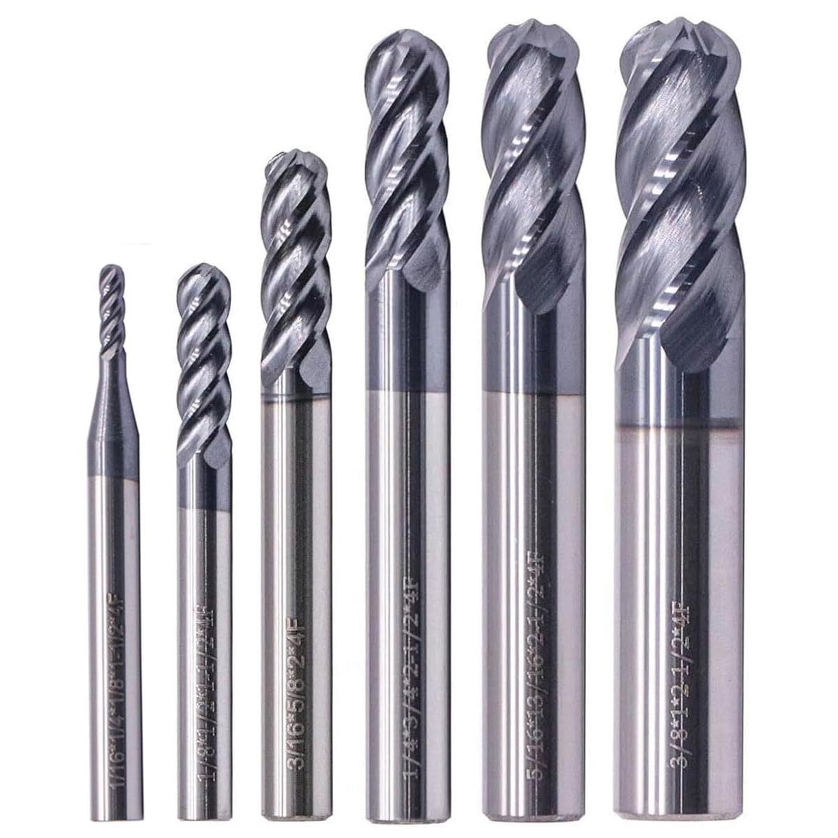 6Pcs 1/16"-3/8" 4 Flute Solid Carbide Ball Nose End Mills Set, AlTiN Coated